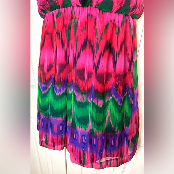 TRINA TURK Ruffle Dress Braided Neckline Colorful Eclectic Printed Jewel Tones - Picture 6 of 11